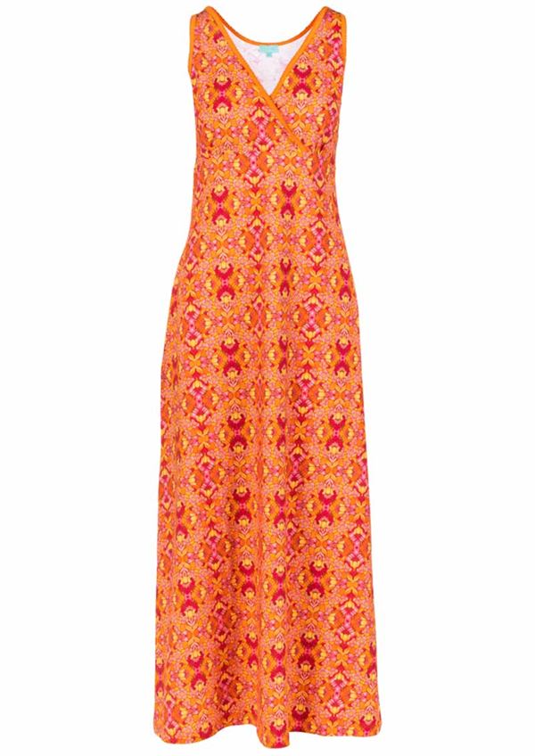 Orange ærmeløs kjole med retro blomstreprint fra Lalamour